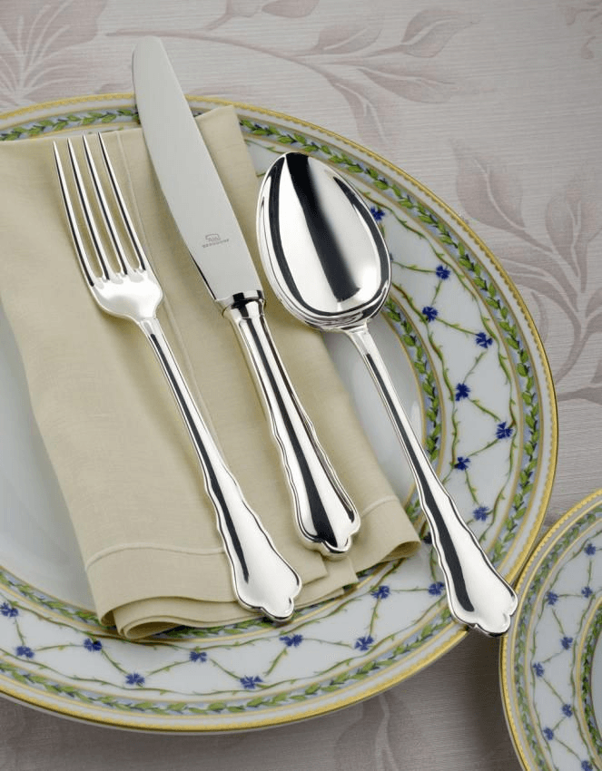Silver cutlery set on plate